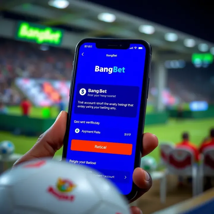 Mobile phone showing BangBet app interface with betting options and account verification prompt