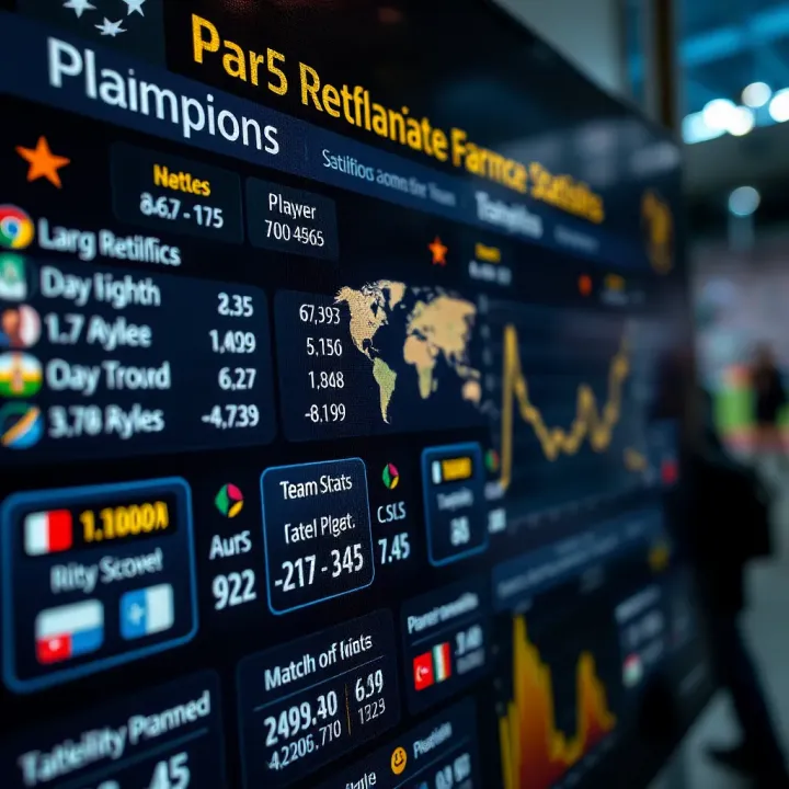 Close-up of a digital screen displaying team statistics and player performance metrics for upcoming matches