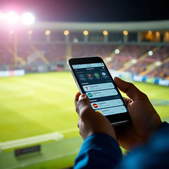 Illustration of a smartphone displaying BangBet football prediction tools with betting options