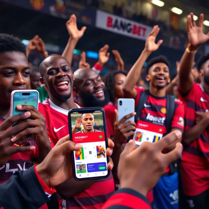 Football fans celebrating with smartphones showing live betting options on Bangbet platform