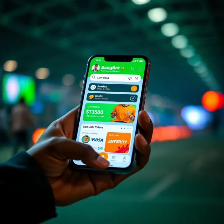 Illustration of fast and low-data access to BangBet PWA on a smartphone with network connectivity elements