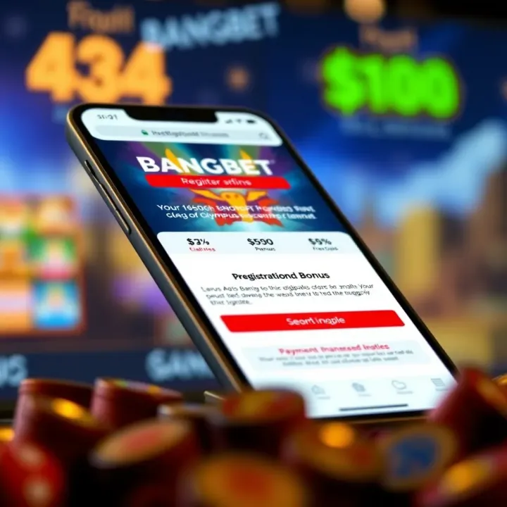 Illustration of a smartphone displaying the Bangbet registration page with bonus offer details