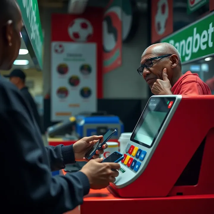 Customer interacting with a mobile betting terminal at a Bangbet Shop, highlighting accessibility on older phones