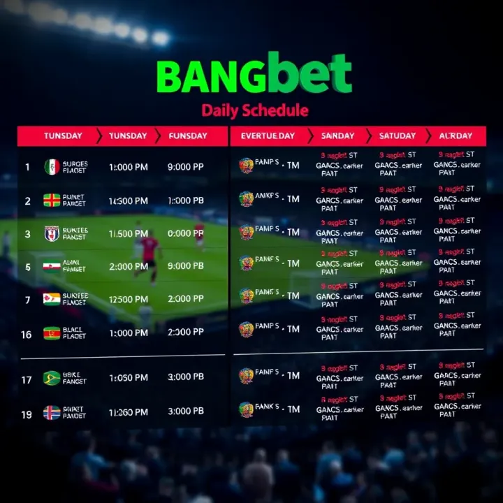 Daily schedule of Bangbet sports matches displayed with time slots and betting options