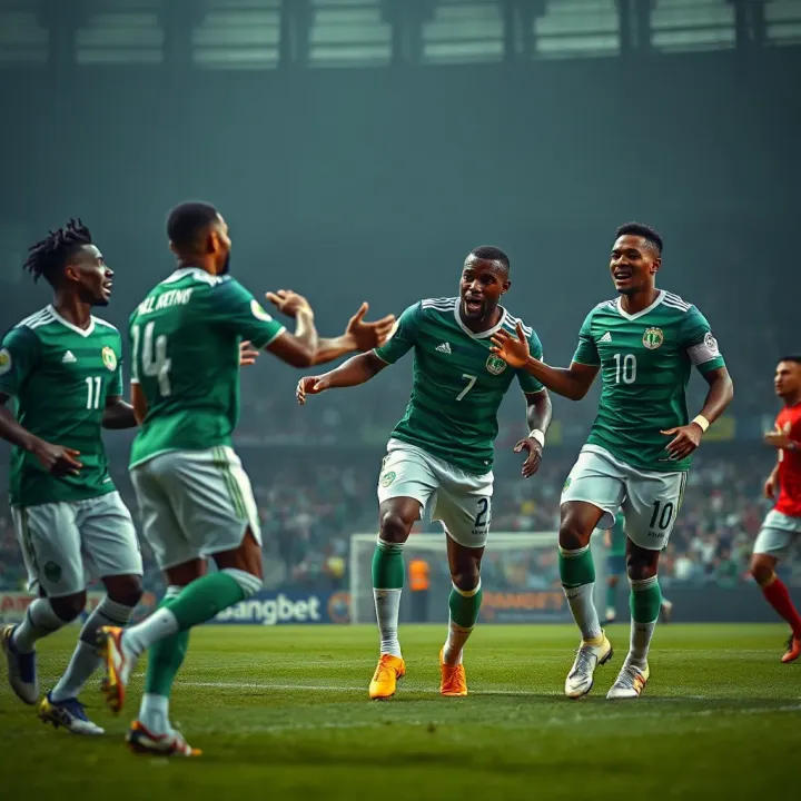 Super Eagles football players celebrating a goal during an intense match