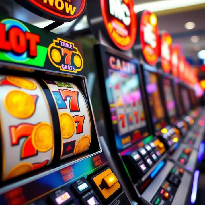 Colorful slot machine reels displaying winning symbols and jackpot coins