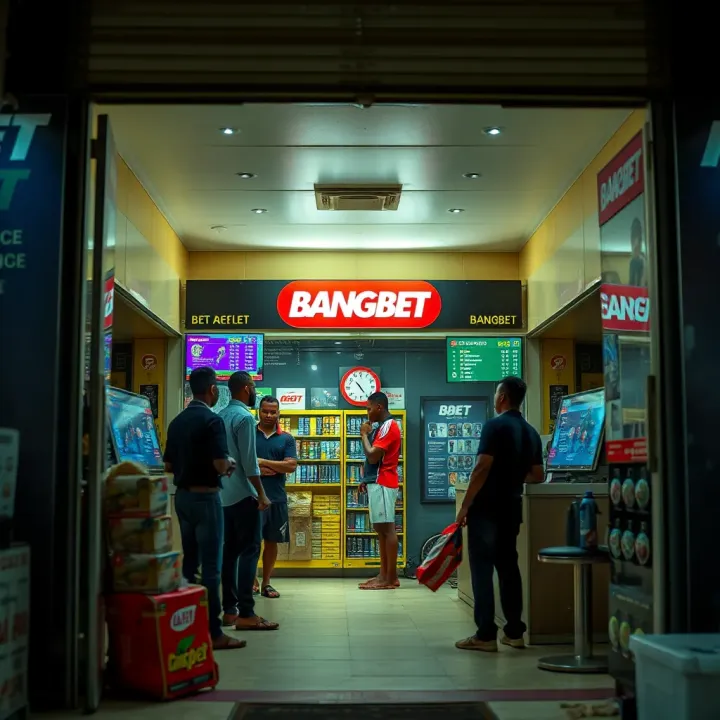 Exterior view of a bustling Nigerian bet shop with customers engaged in placing bets