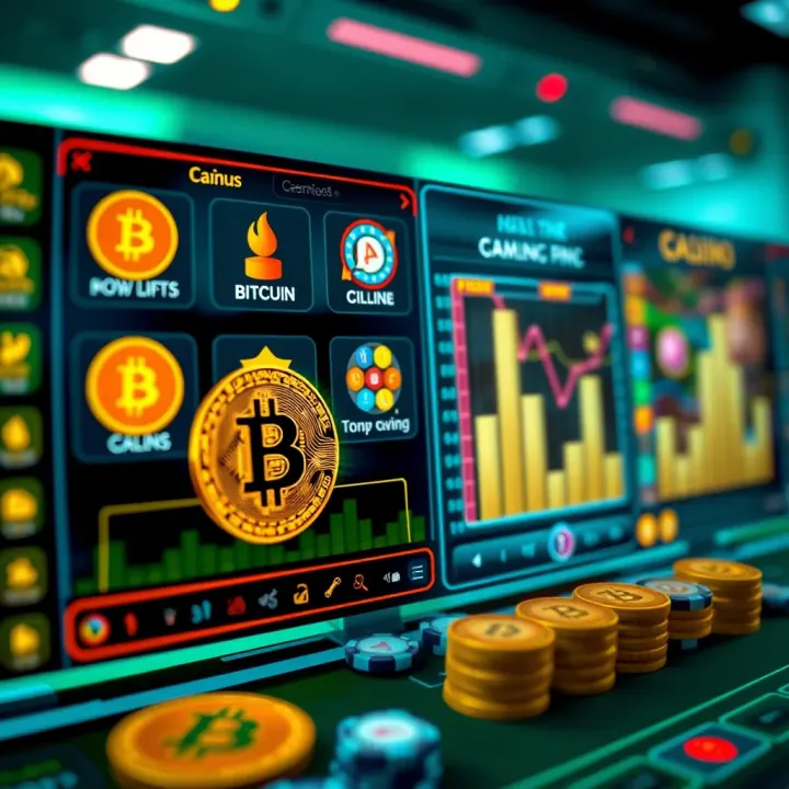 Digital interface showing bitcoin symbols and casino game icons representing online bitcoin gambling in Nigeria