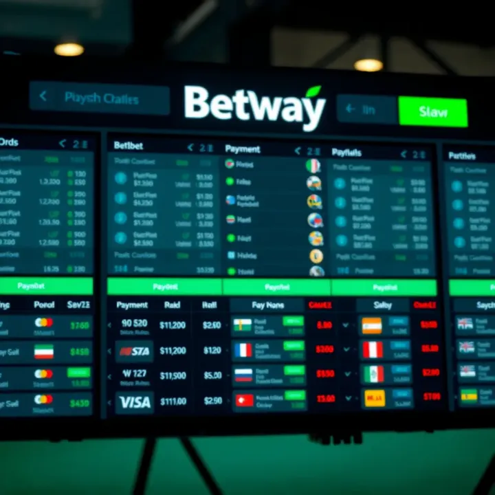 Betway betting platform with highlighted odds and multiple payment methods menu