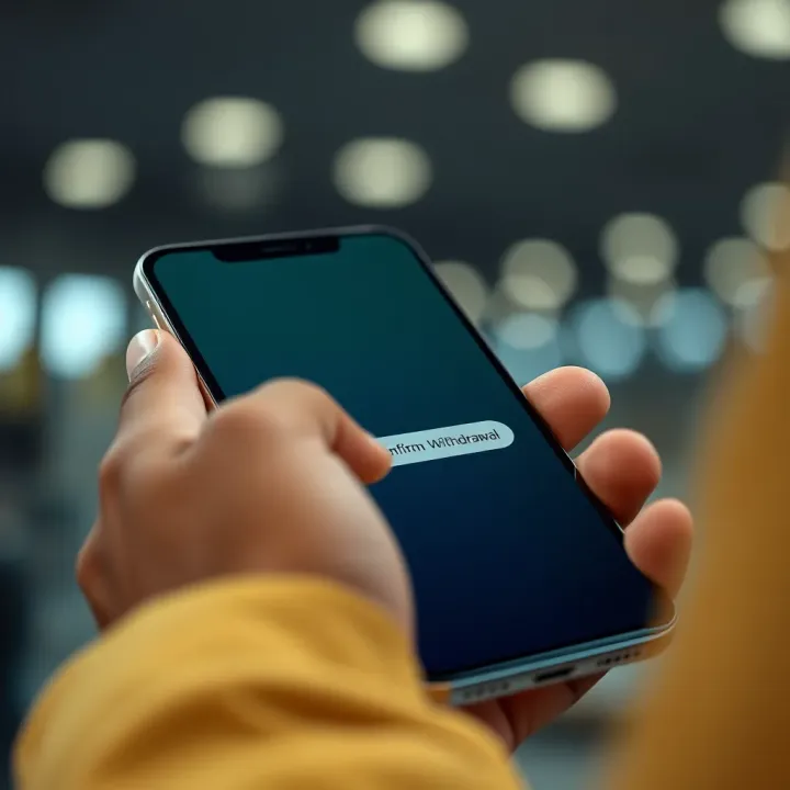 Close-up of a hand tapping the confirm withdrawal button on a smartphone screen