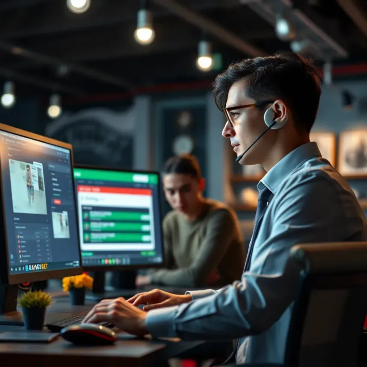 Support agent assisting customer with betting platform issue on computer