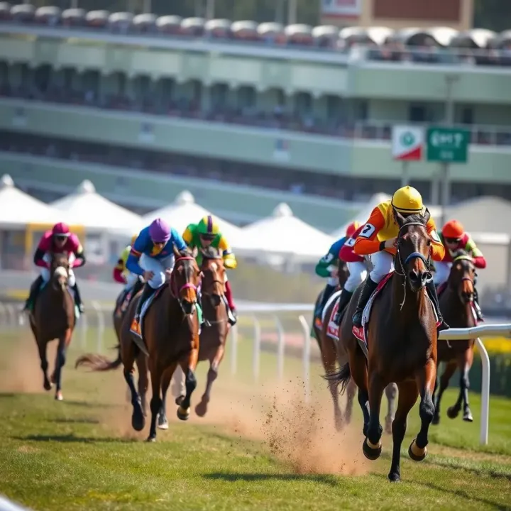 Exciting horse race in action with jockeys competing on a sunny day