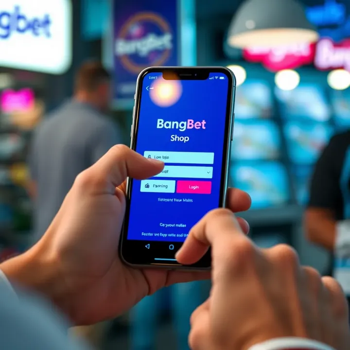 User accessing BangBet Shop login screen on a smartphone showcasing login form and navigation options
