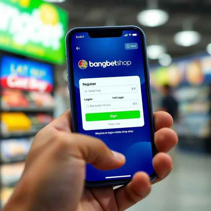 Mobile device displaying the BangBet Shop registration screen with clear input fields and a signup button