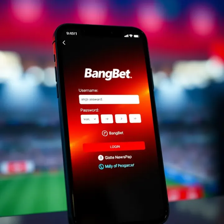 User interface showing BangBet login screen on a smartphone with username and password fields