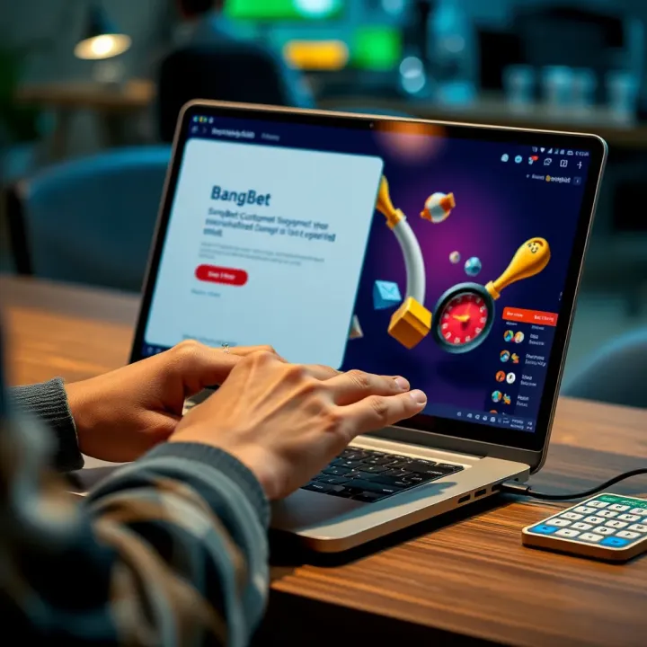 Person typing on a laptop with email interface open to contact BangBet support