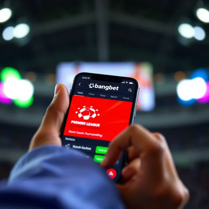 Mobile phone displaying BangBet Premier League betting options on screen