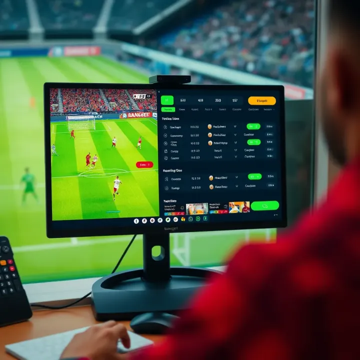 Desktop computer showing live soccer match on BangBet platform with user-friendly controls