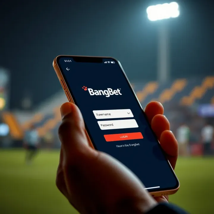 User interface showing BangBet login screen with username and password fields on a mobile device