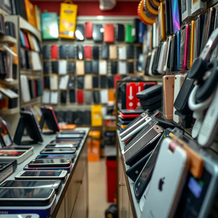 Array of affordable mobile phones and accessories arranged neatly within Old Bangbet Mobile Shop interior