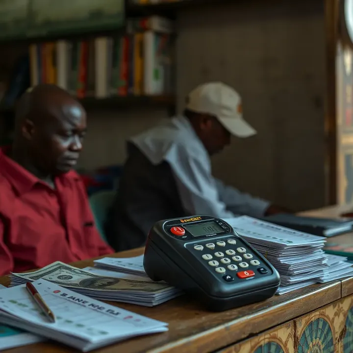 Traditional mobile Bangbet shop setup with betting slips and an electronic device for placing bets in a Nigerian urban area