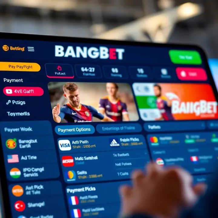 Dashboard showing betting options and payment methods on BangBet app