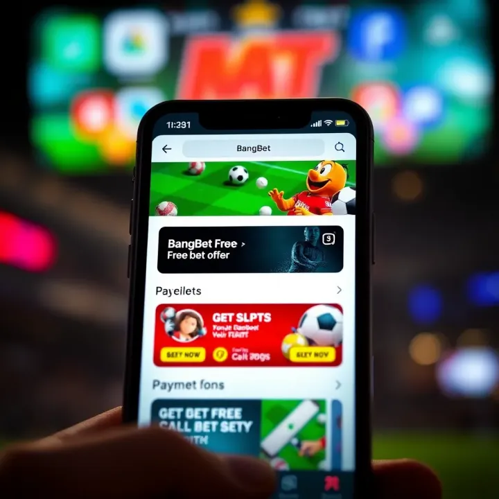 Illustration showing a smartphone screen displaying the BangBet free bet offer interface with promotional highlights