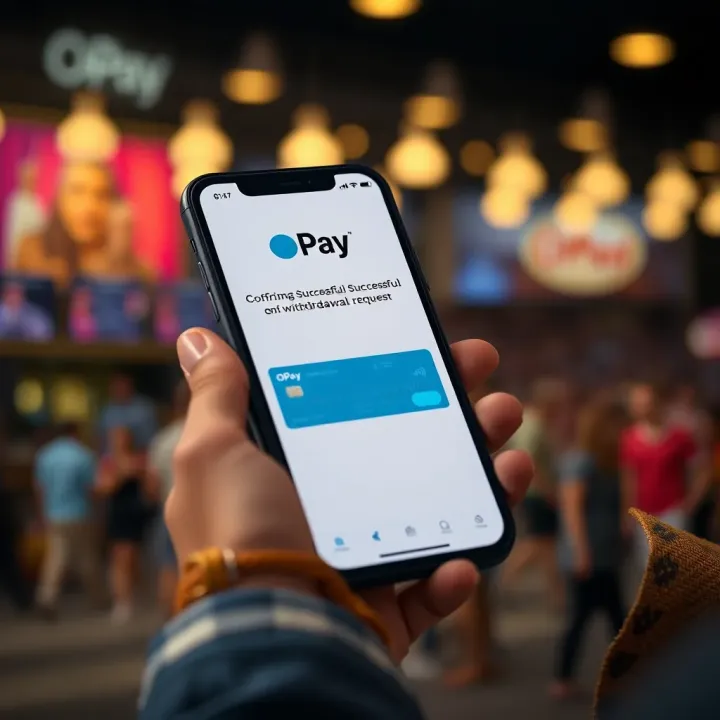 Smartphone displaying OPay app with confirmation of withdrawal request