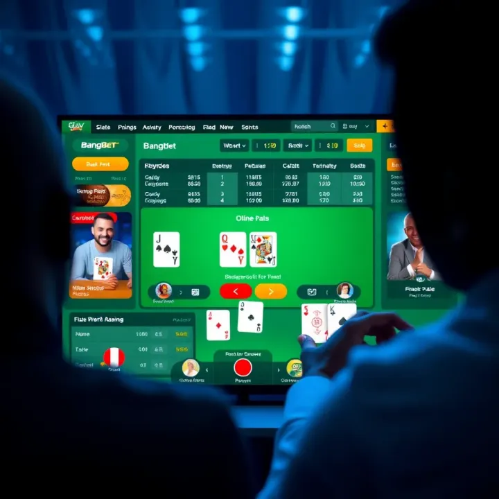 Online poker interface displaying player cards and betting options on BangBet platform