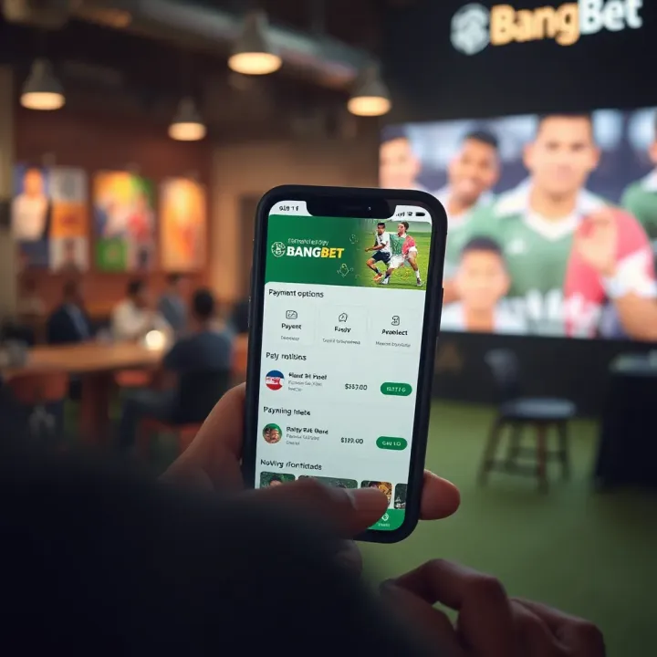 Mobile screen featuring BangBet app with payment methods and promotional offers