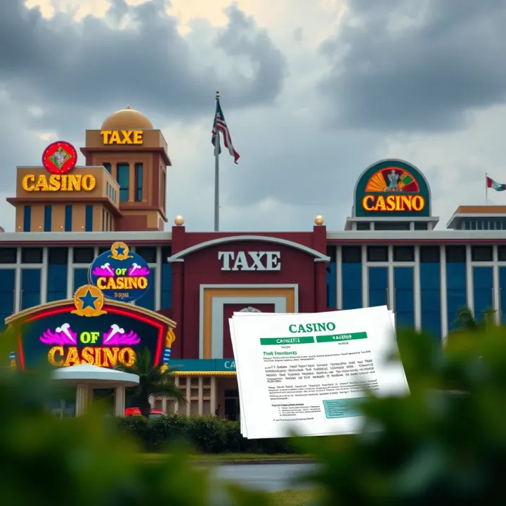 Illustration showing Nigerian casino buildings with government tax symbols and documents